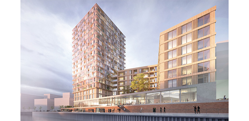 Der modulare Holzbau kann eine umwelt- und anwohnerfreundliche Alternative sein. Mit dem Holz-Hochhaus „Wildspitze“ soll das Verfahren nun in der Hamburger HafenCity in größerem Rahmen getestet werden. 