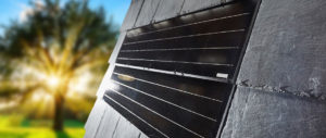 Ein Solarpanel ist an einer Hauswand montiert und wird von Sonnenlicht bestrahlt. Im Hintergrund sind unscharfe Bäume zu sehen.
