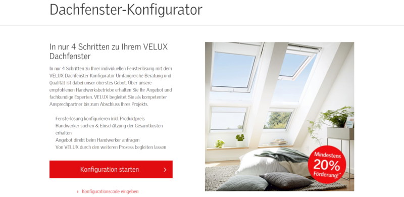 Bild vom VELUX Dachfenster-Konfigurator auf der Homepage