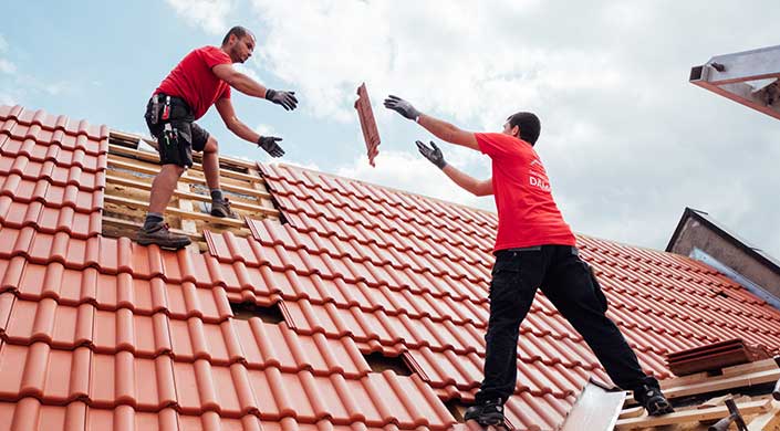 Bild von Mitarbeitern von Dachdecker Jonas Dämgen auf dem Dach