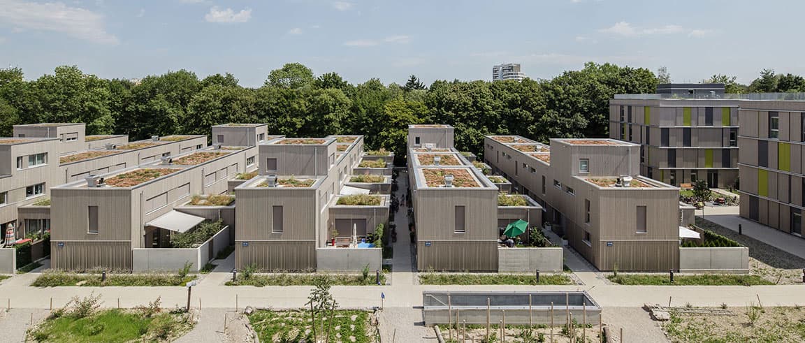 Flachdach Contest 2023 Moderne Wohngebäude mit begrünten Dächern und einem schmalen Gehweg, umgeben von Bäumen im Hintergrund.