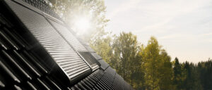 Ein schräges Hausdach mit Solarpaneelen, im Hintergrund grüne Bäume und Himmel, diffuses Sonnenlicht beleuchtet die Szene.