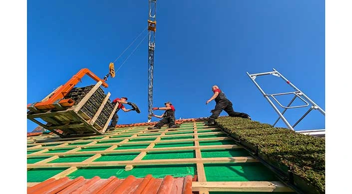 Dachdecker verlegen ein Gründach auf dem Steildach
