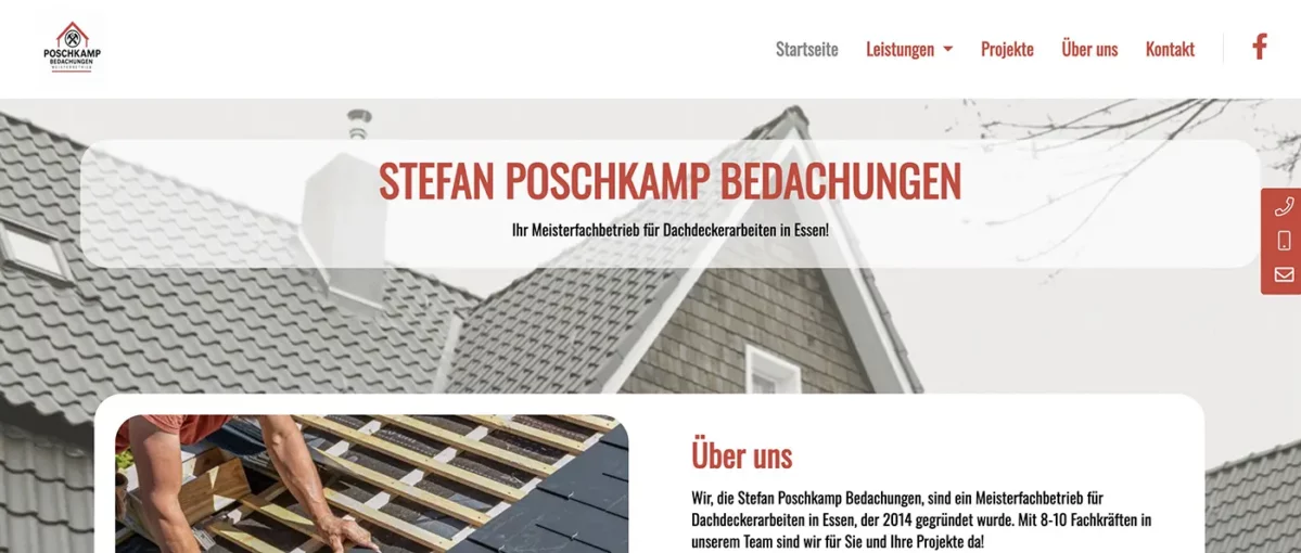 Ausschnitt einer Webseite eines Dachdeckerbetriebs mit Dachziegeln und teilweise lesbarem Text auf Deutsch.