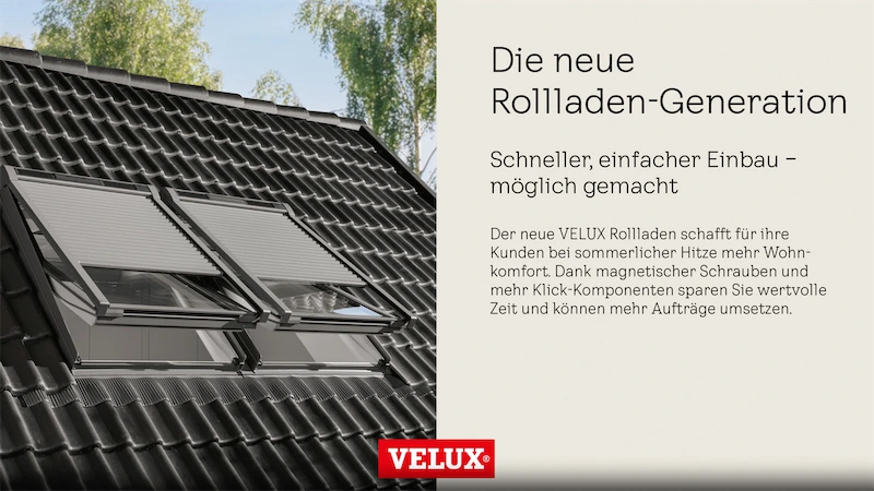 Die neue Rolladen Generation Schwarzes Ziegeldach mit Dachfenster, daneben Text auf beigem Hintergrund. Unten links das rote VELUX-Logo. Im Hintergrund Bäume.