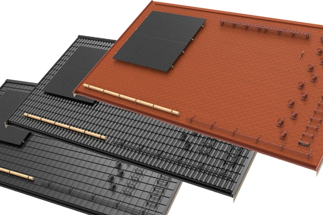 Illustration eines Hausdachs mit roten Schindeln, Solarpanelen und einer Montage von schwarzen Dachziegeln und einer Metallunterkonstruktion.