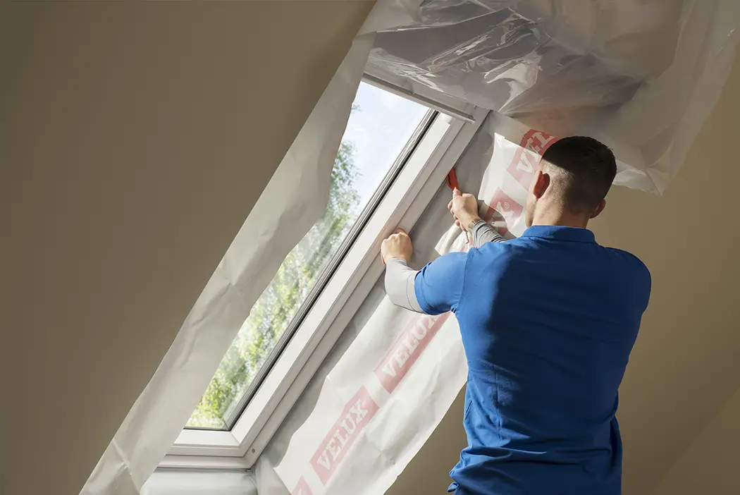 Eine Person installiert ein Dachfenster, hält den Rahmen fest, während VELUX-Isoliermaterial um das Fenster angebracht wird. Tageslicht scheint durch das Fenster.